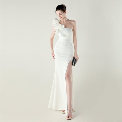 One Shoulder Floral Satin Gown | Beaded Ruffle High Slit | noémi