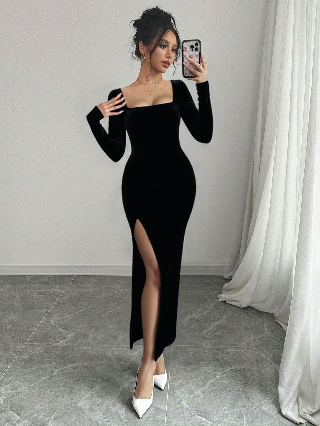 Womens Black Velvet Bodycon Gown | Long Sleeve Maxi Dress with Square Neck & Thigh High Slit | noémi