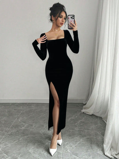 Womens Black Velvet Bodycon Gown | Long Sleeve Maxi Dress with Square Neck & Thigh High Slit | noémi