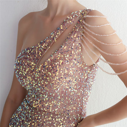 Sequin Fishtail Gown with Beaded Shoulder | One Shoulder Dress | noémi