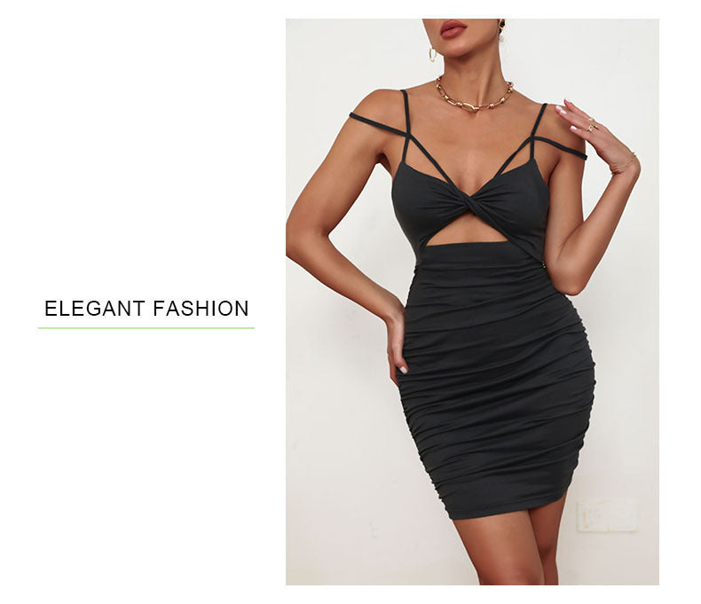 Black Sling Dress with Ruffle Hip and Cutout Detail | noémi