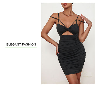 Black Sling Dress with Ruffle Hip and Cutout Detail | noémi