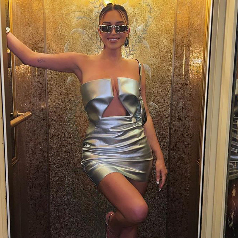 Womens Faux Leather Off Shoulder Low Cut Dress | Sleeveless Backless | noémi