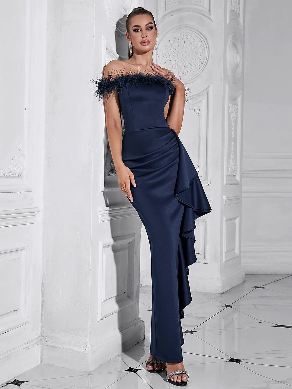 Womens Off Shoulder Ruffled Maxi Dress | Slim Fit, Feather Trim Detail | noémi