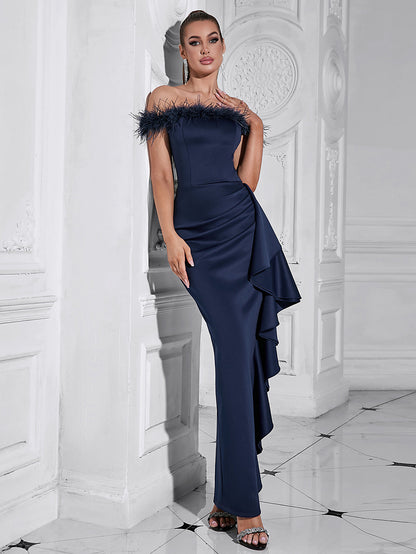 Womens Off Shoulder Ruffled Maxi Dress | Slim Fit, Feather Trim Detail | noémi