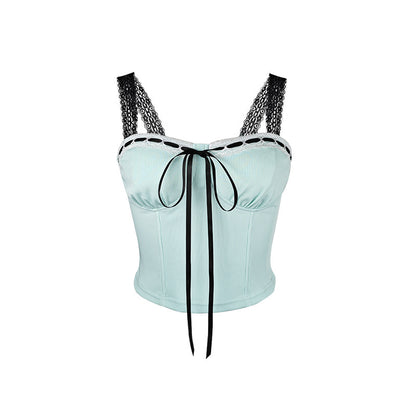 Mesh Wrapped Bow Strap Vest with Fitted Waist and Cropped Silhouette | noémi