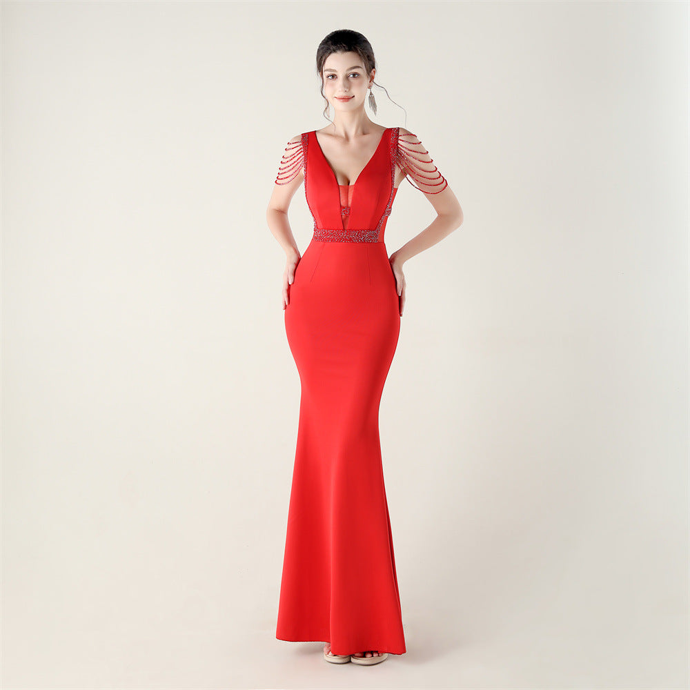 Deep V Plunge Beaded Evening Dress | Slim Fit Gown | noémi