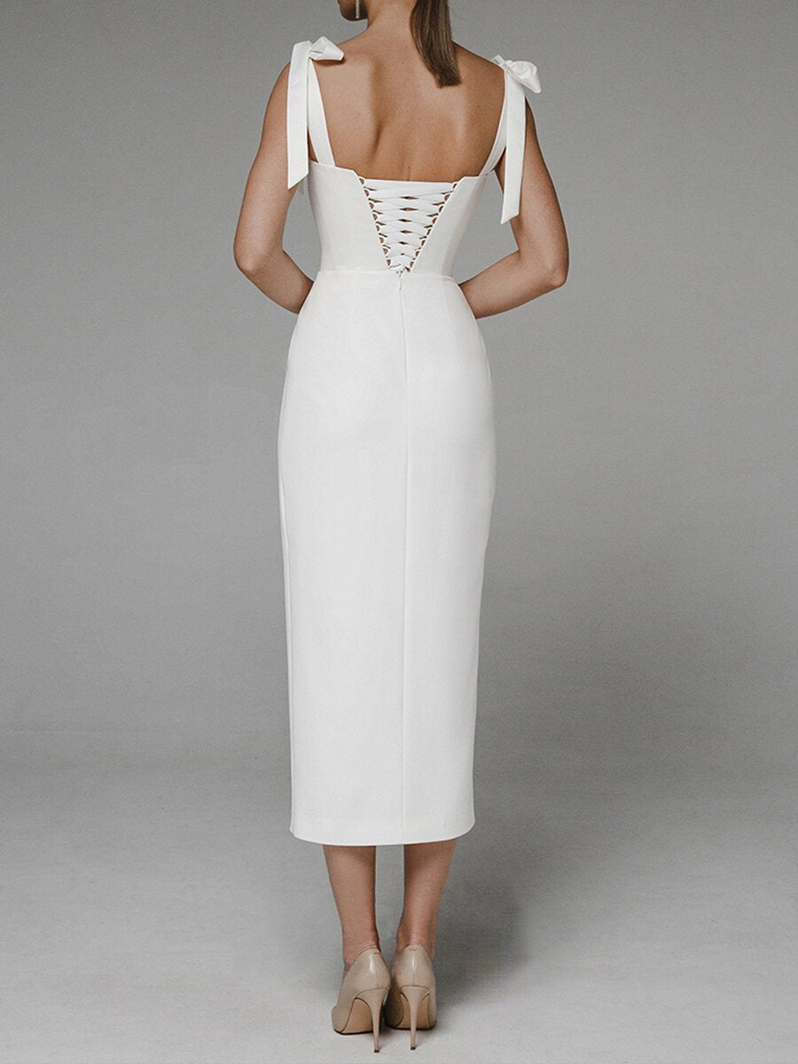 Sheath Dress | V Neck, Bow Tie Straps, Front Slit | noémi
