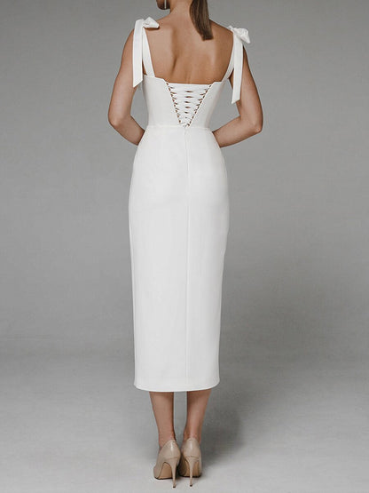 Sheath Dress | V Neck, Bow Tie Straps, Front Slit | noémi