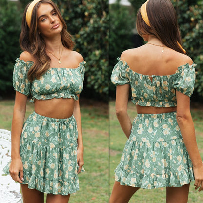 Green Floral Off Shoulder Crop Top & Skirt Set | noémi