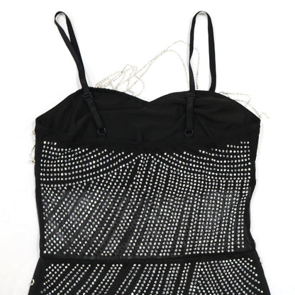 Mesh Panel Milk Silk Dress with Chain Straps and Rhinestone Detail | noémi