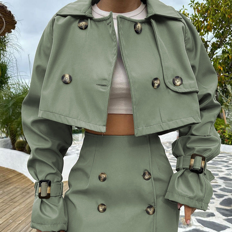 Womens Cropped Trench Coat Set | Chic Button Up Jacket & Mini Skirt Co ord | noémi