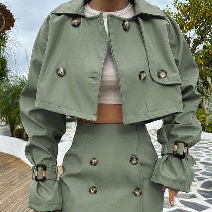Womens Cropped Trench Coat Set | Chic Button Up Jacket & Mini Skirt Co ord | noémi