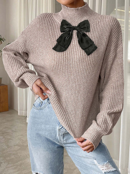 Womens Knit Turtleneck Sweater | Beige Pullover with Black Velvet Bow | noémi