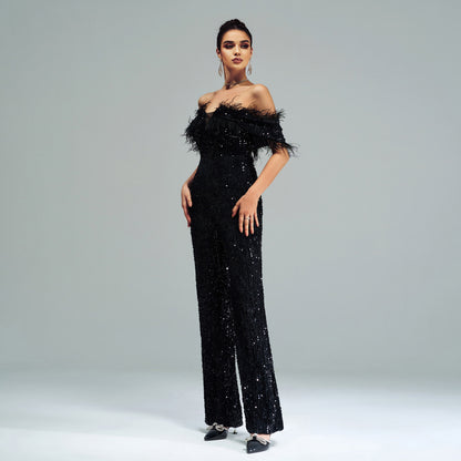 Women’s Black Sequin Off Shoulder Feather Jumpsuit | noémi