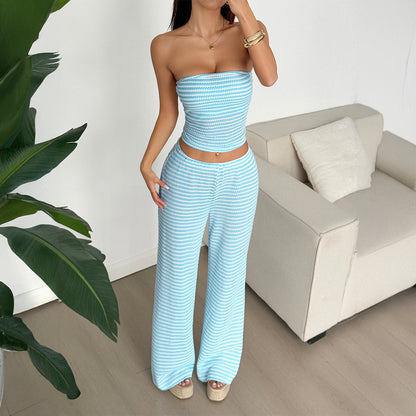 Striped Tube Top & Wide Leg Pants Set | 2 Piece Lounge Outfit for Women | noémi