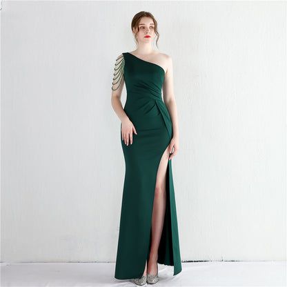 Satin Beaded One Shoulder Fishtail Gown | Slim Fit Slit Maxi Dress | noémi