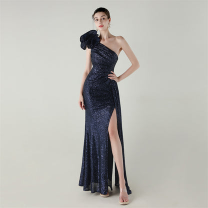 Womens One Shoulder Sequin Beaded Fishtail Gown | Floral Detail, Slim Fit | noémi