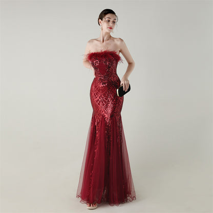 Sequin Beaded Floral Feather Gown | Mesh Fishtail Strapless Cross Back | noémi