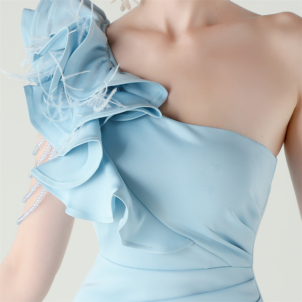 One Shoulder Floral Satin Gown | Beaded Ruffle High Slit | noémi