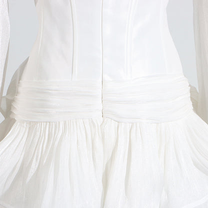 Womens V Neck Ruffled Dress with Puff Sleeves 3D Floral Design | noémi