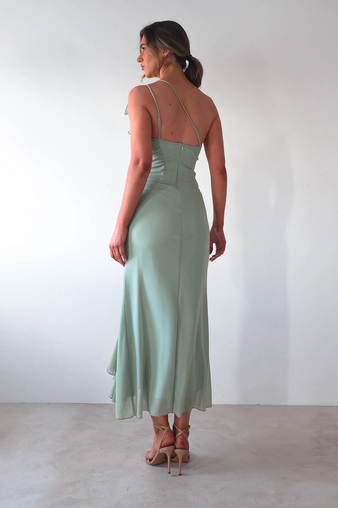 Womens One Shoulder Pleated Bodycon Dress | High Slit Ruched Midi Dress | noémi