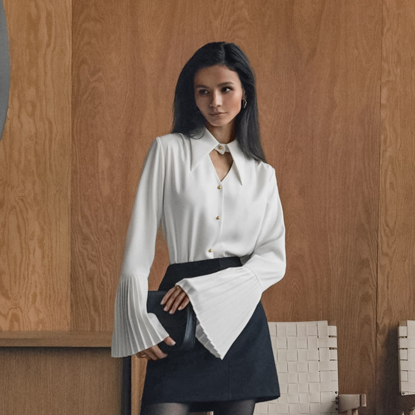 White Collared Slim Fit Long Sleeve Chiffon Shirt with Hollow Out Cutouts for Women | noémi