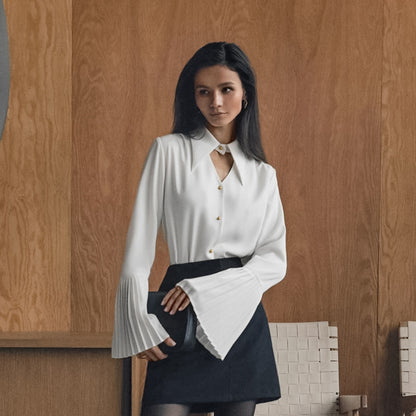 White Collared Slim Fit Long Sleeve Chiffon Shirt with Hollow Out Cutouts for Women | noémi