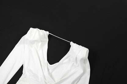 Womens Long Sleeve Pleated Dress with Swing Collar and Backless Design | noémi