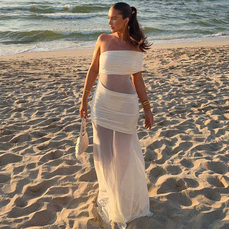 Summer Off Shoulder Pleated Dress | Mesh Stitching, Slim Fit | noémi