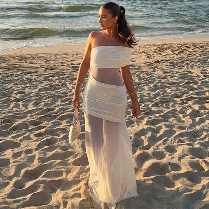 Summer Off Shoulder Pleated Dress | Mesh Stitching, Slim Fit | noémi