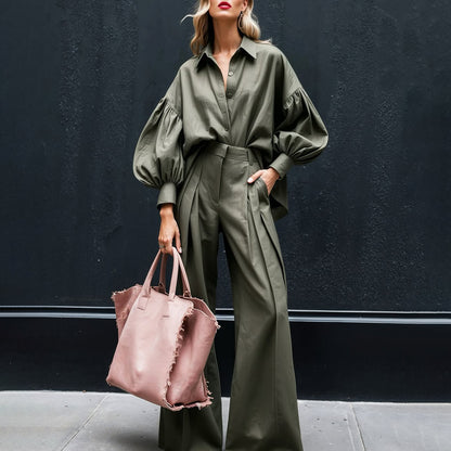 2 Piece Cotton Linen Set | Long Sleeve Shirt & Wide Leg Pants | noémi