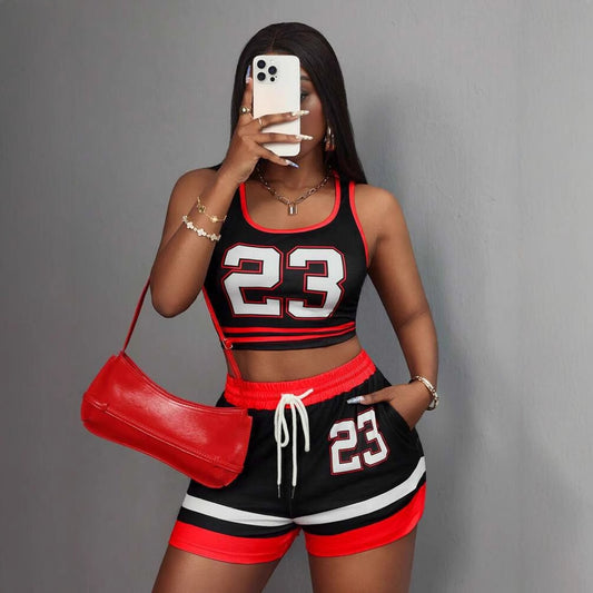 Color Contrast Printed Slim Fit Sexy Sports Vest & Drawstring Shorts Two Piece Set | noémi