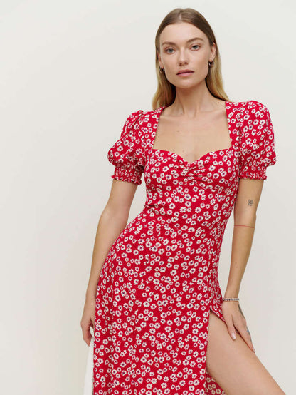 Red Floral Puff Sleeve Midi Dress with Square Neck & Front Slit | noémi