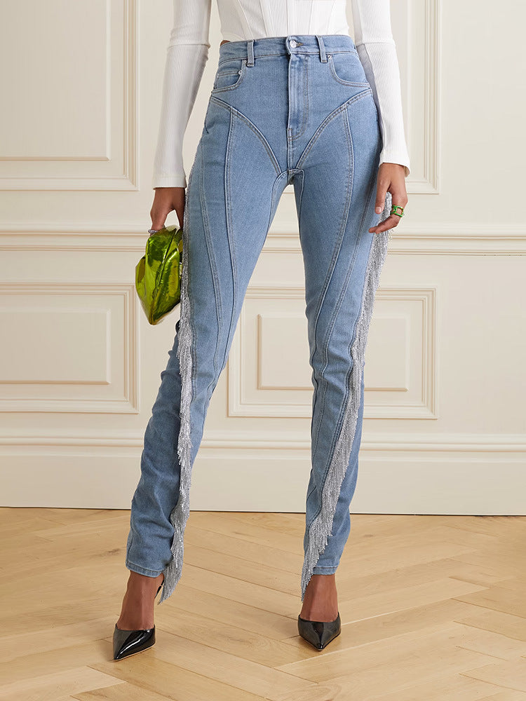 Slim Fit Jeans | Stretch Denim with Chain Tassel Detail | Trendy High Grade Pants | noémi