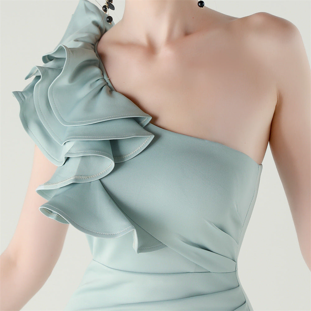 Womens One Shoulder Satin Gown | Floral Detail with High Slit | noémi