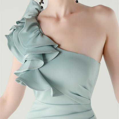 Womens One Shoulder Satin Gown | Floral Detail with High Slit | noémi
