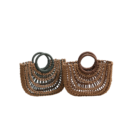 Straw Half-Moon Tote Bag – Hollow-Out Weave, Round Handle, Natural/Coffee | noémi