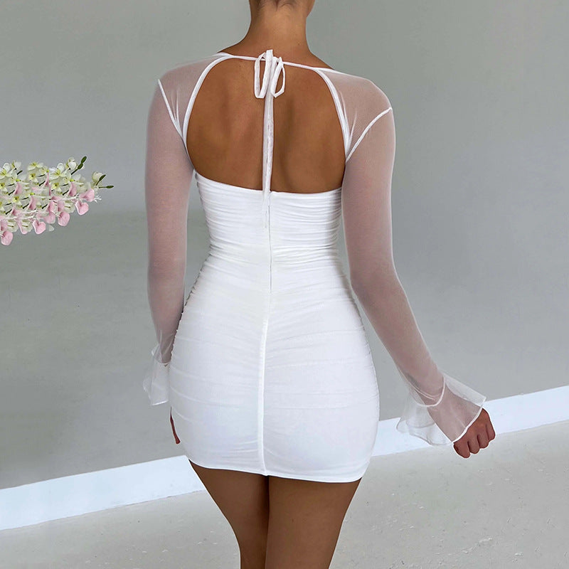 Mesh Long Sleeve Backless Bodycon Dress with Fitted Silhouette | noémi