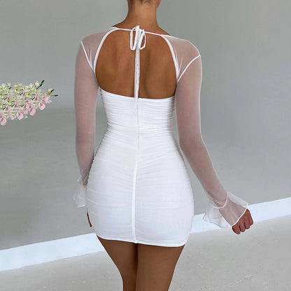Mesh Long Sleeve Backless Bodycon Dress with Fitted Silhouette | noémi