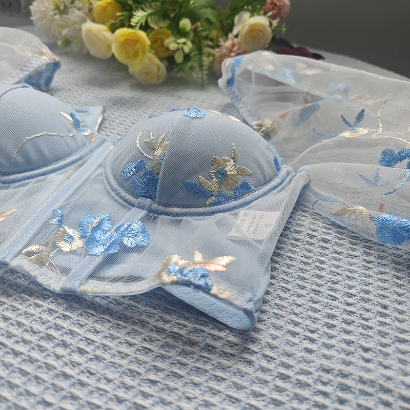 Mesh Lace Embroidery Corset Top with Puff Sleeves and Boning Support | noémi