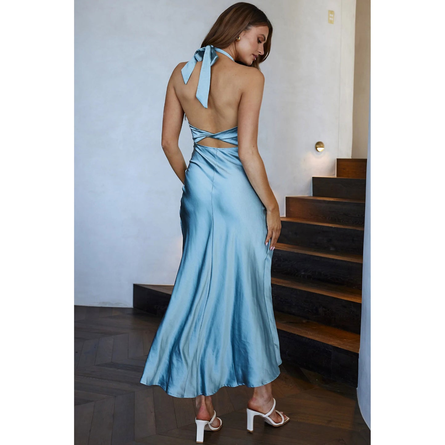 Satin Halter Midi Dress | Backless Side Slit | noémi