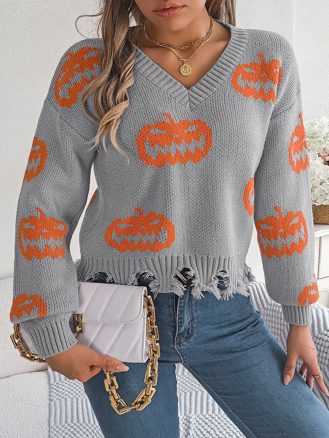 Halloween Pumpkin Sweater for Women | Cut Out Pullover with Distressed Hem | noémi