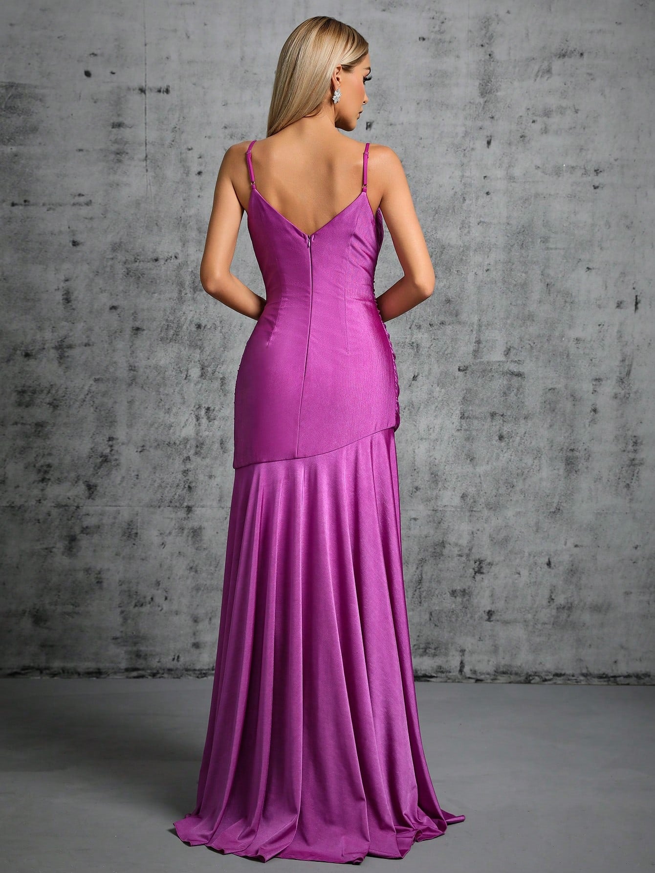 Purple Ruched Mini Gown with Dramatic Train & Slit | Spaghetti Strap Dress | noémi