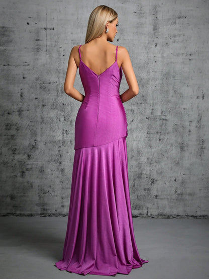 Purple Ruched Mini Gown with Dramatic Train & Slit | Spaghetti Strap Dress | noémi