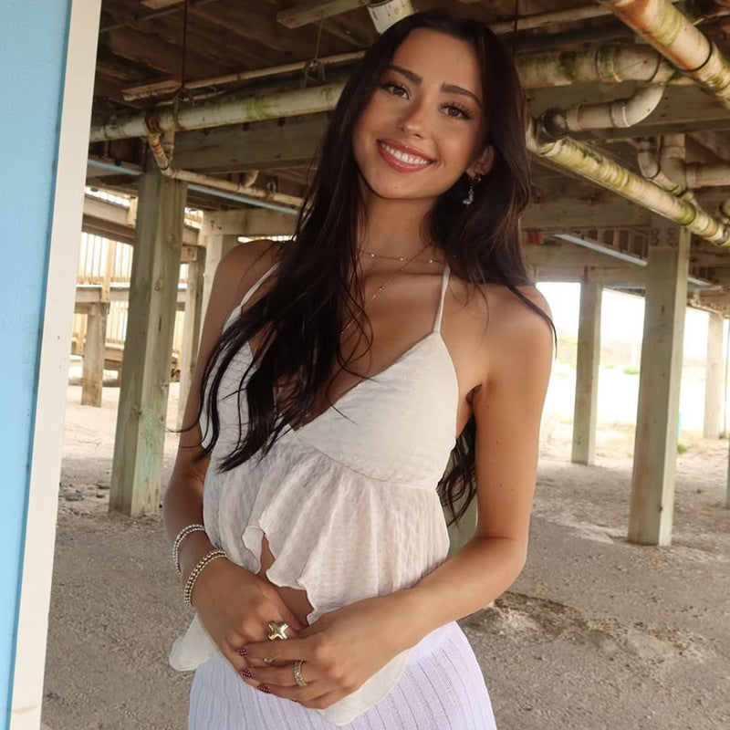 Ruffle Peplum Cami | Ivory Ruched Criss Cross Back Summer Top | Light & Airy Feminine Blouse | noémi