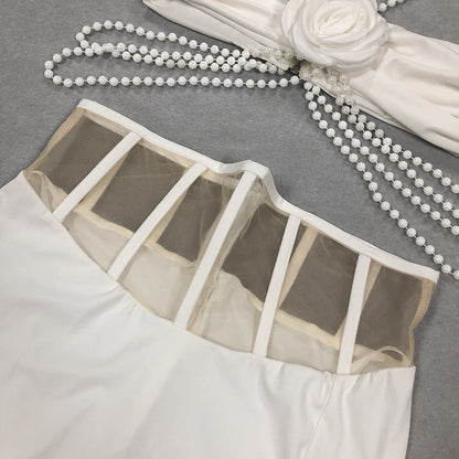 White Corset Gown | Pearl Strap Maxi Dress with High Slit | noémi