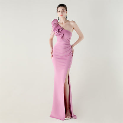 One Shoulder Ruffle Dress with High Slit | Craft Beaded Floral Satin Detail | noémi