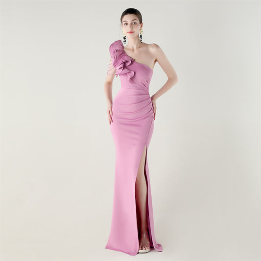 One Shoulder Ruffle Dress with High Slit | Craft Beaded Floral Satin Detail | noémi