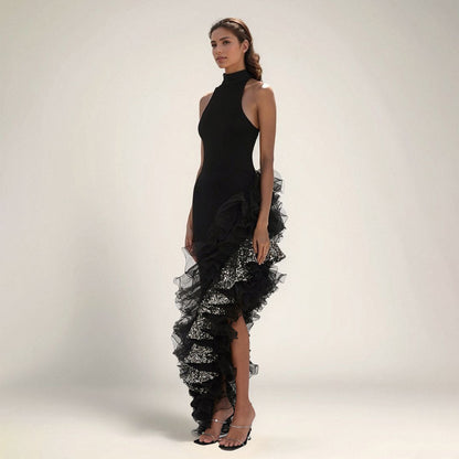 Womens Black Ruffled Mesh Dress | noémi